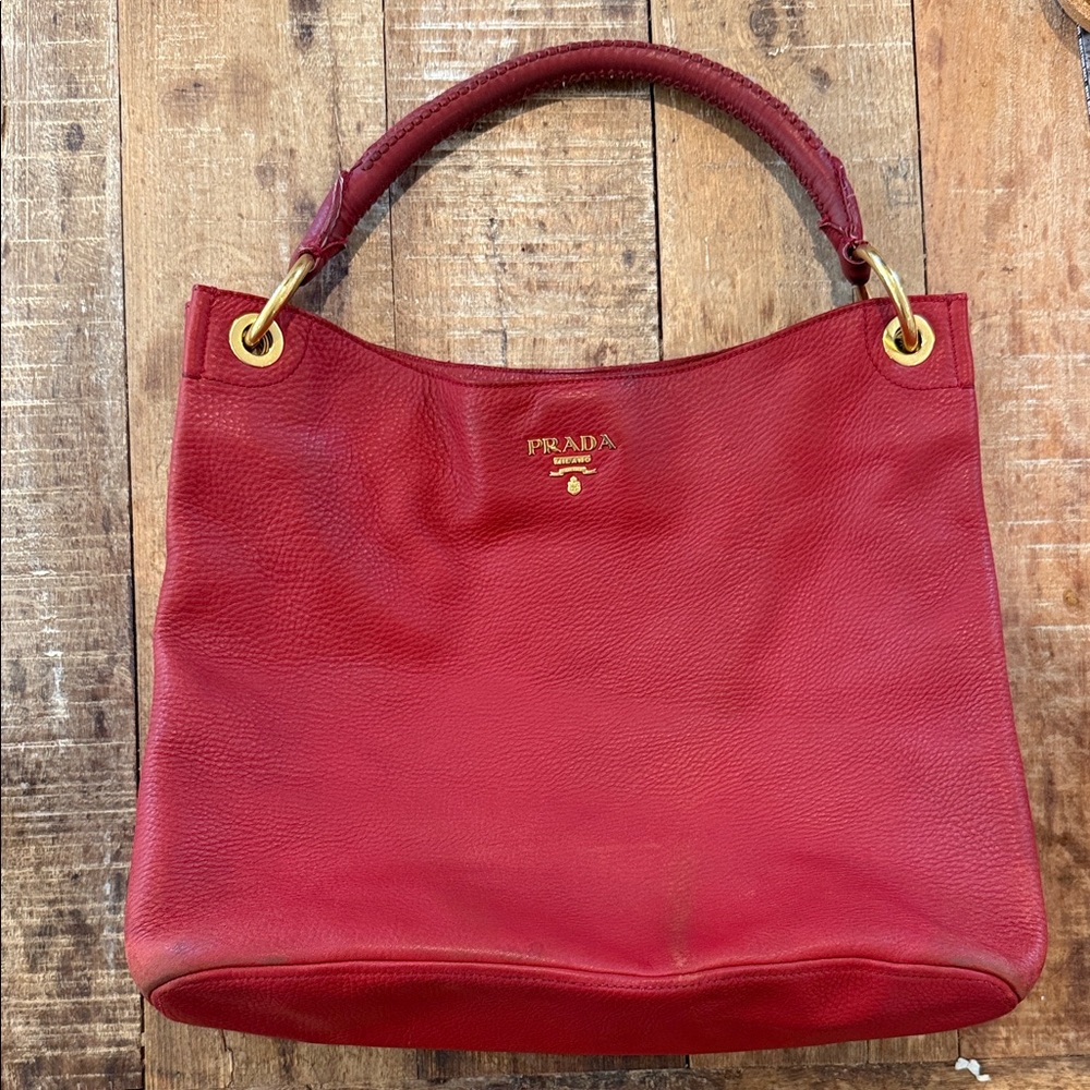 Prada Red Daino Leather Shoulder Hobo style Bag with Gold Hardware